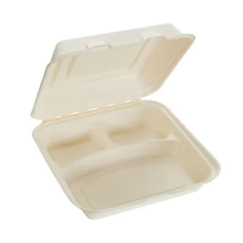 Biodegradable 3 Compartment Sugarcane Clamshell 1200ml, supplied by Caterlink SA.
